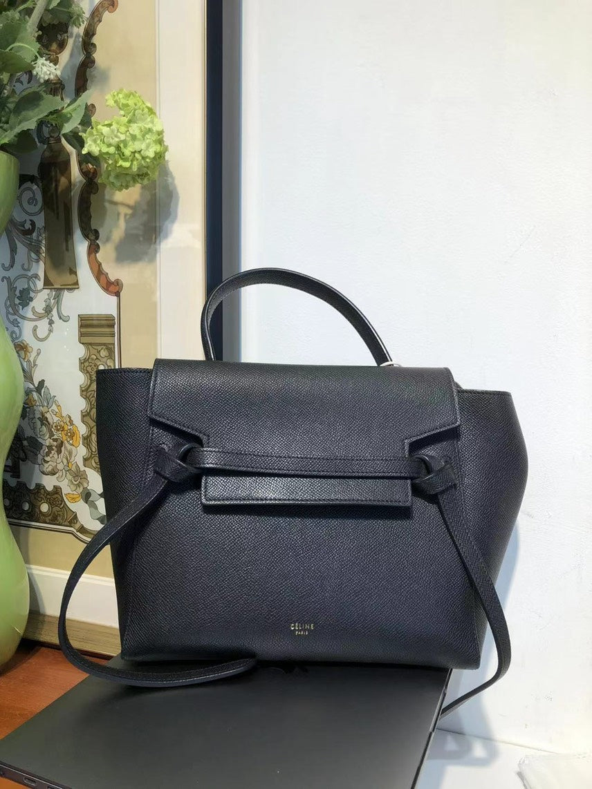 Luxury CELINE Belt Bag #9C Black Leather Top Handle Medium
