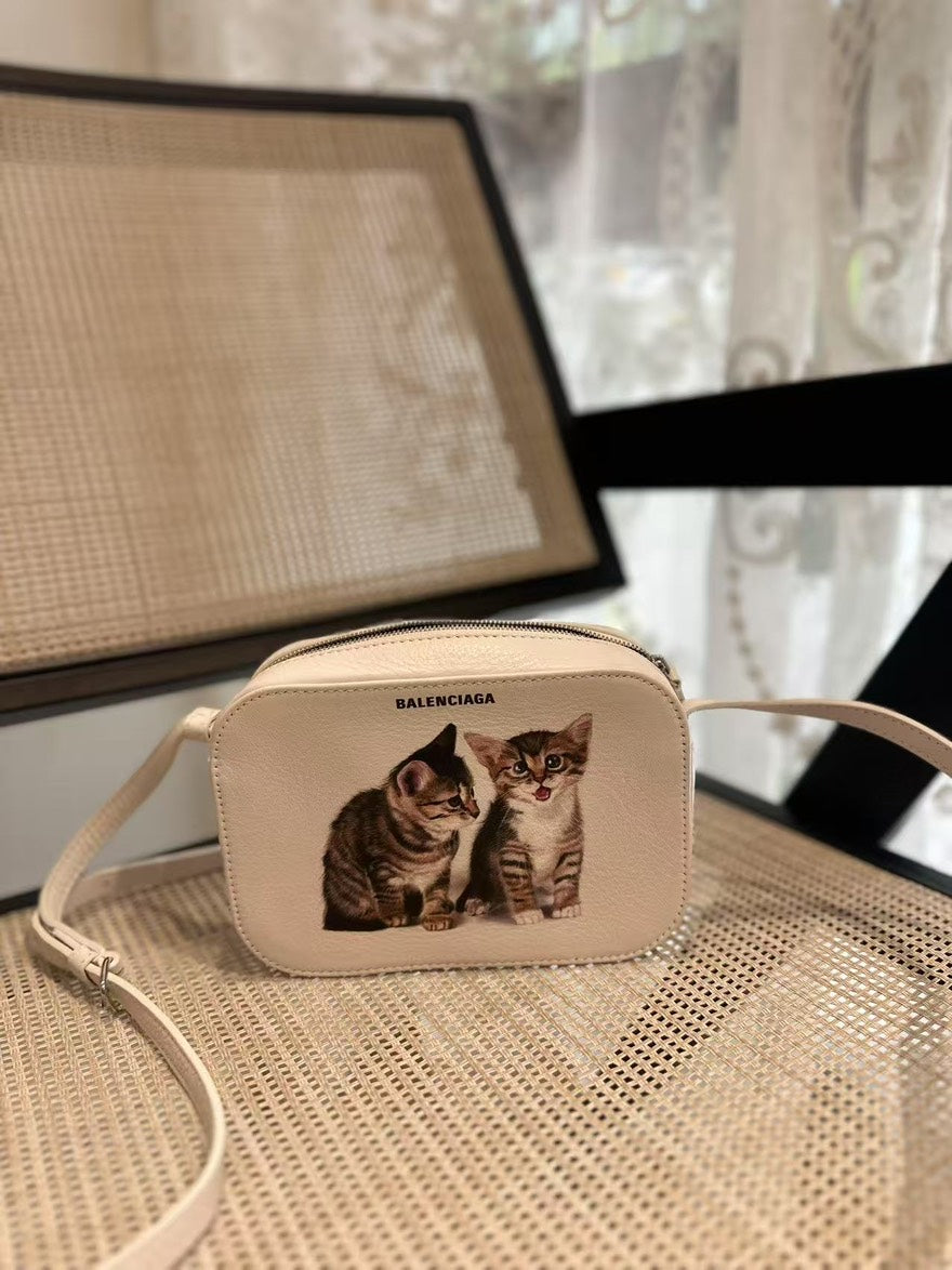 Balenciaga Kitten Print Beige Camera Bag - Designer Crossbody