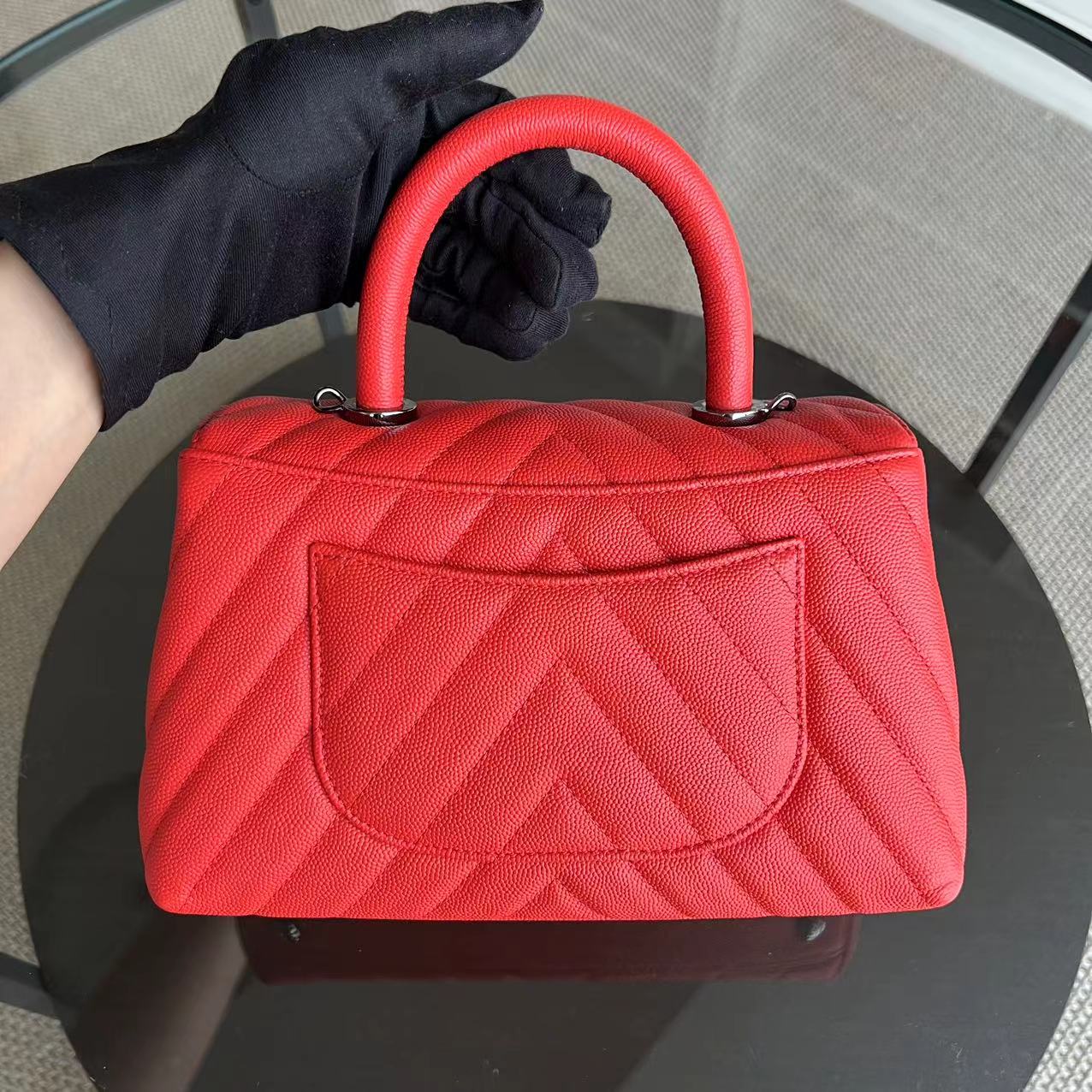 Chanel Caviar Small Coco Handle Chevron Calfskin Light Red Silver Hardware Series 28