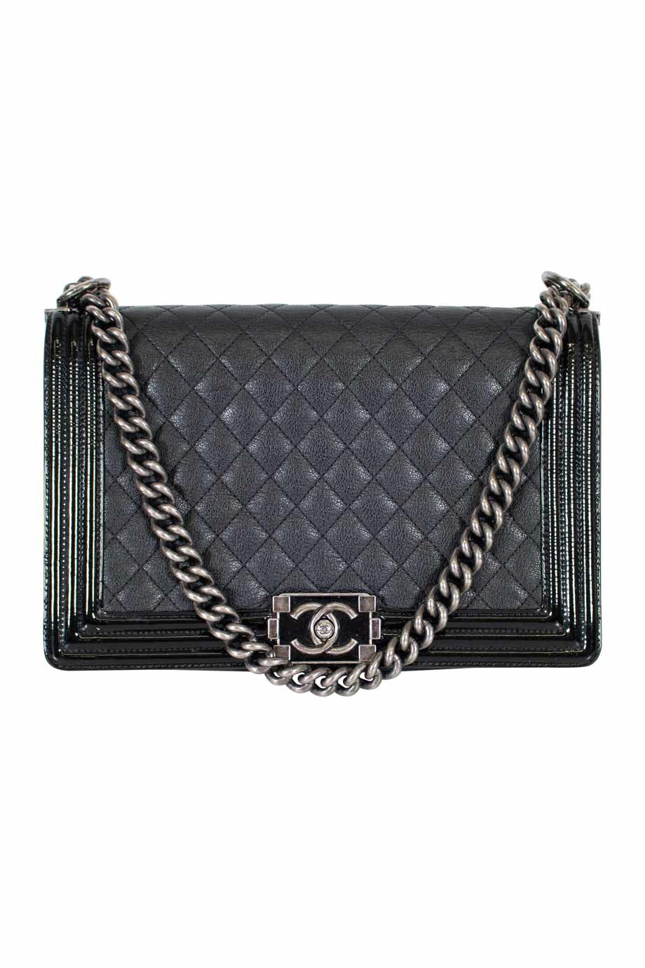 CHANEL Black grained calfskin quilted Boy bag with ruthenium finish hardware and patent border in New Medium size
