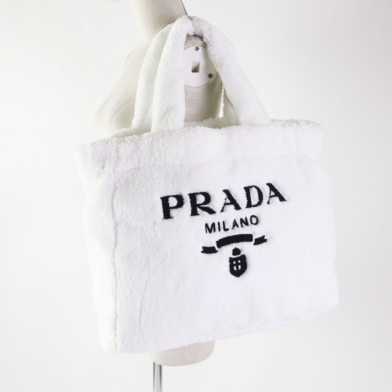 PRADA Tote Bag 1BG130 Terry (pile fabric) White Black , BIANCO NERO SPUGNA Women