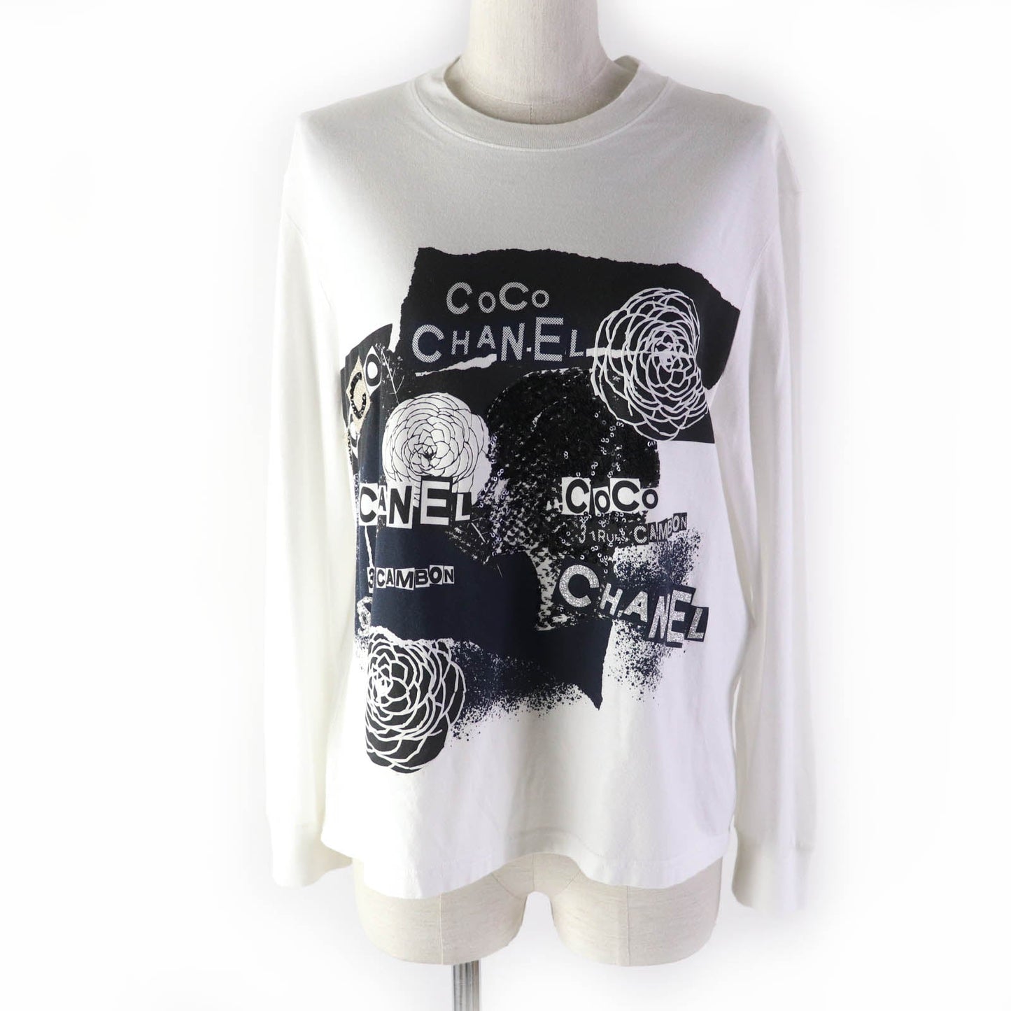 Chanel Cotton Sequin Camellia Logo Long Sleeve Tee Classic Flap Tote