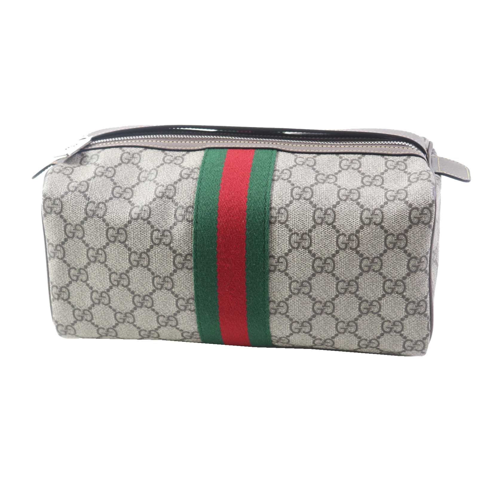 GUCCI Pouch 759689 Leather x GG Supreme canvas Beige/Ebony Cosmetic case with Web stripes Women
