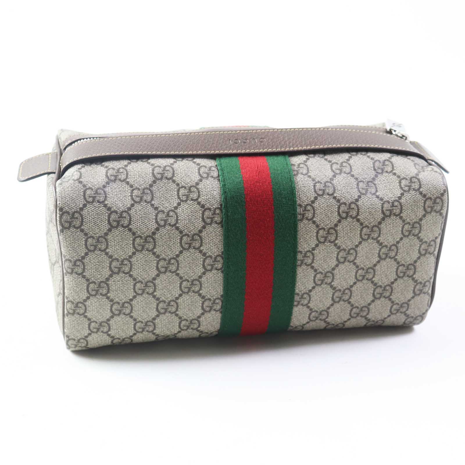 GUCCI Pouch 759689 Leather x GG Supreme canvas Beige/Ebony Cosmetic case with Web stripes Women