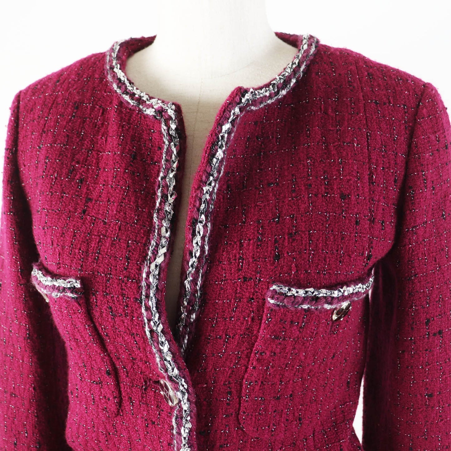 Chanel Wool Viscose Jacket Burgundy Black White Classic Flap Tote
