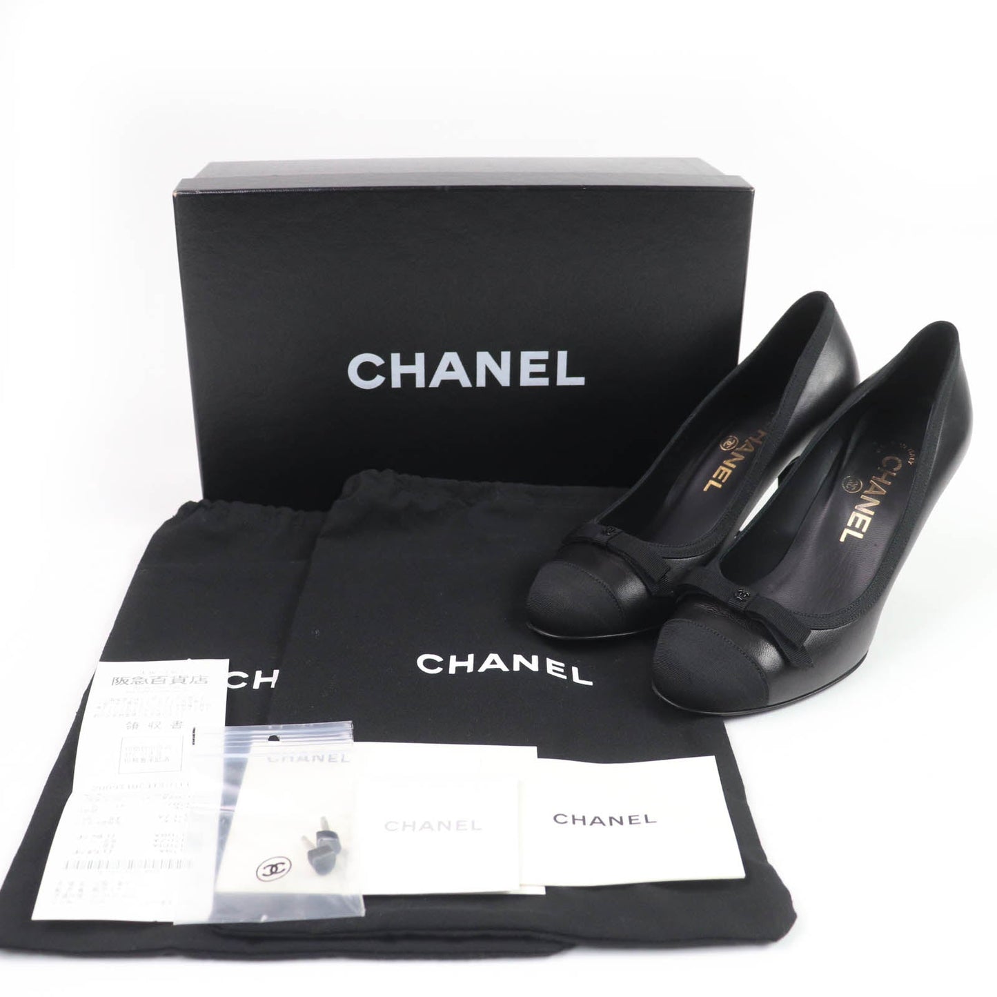 Chanel COCO Mark Ribbon Satin Switch Leather Pumps Handbag