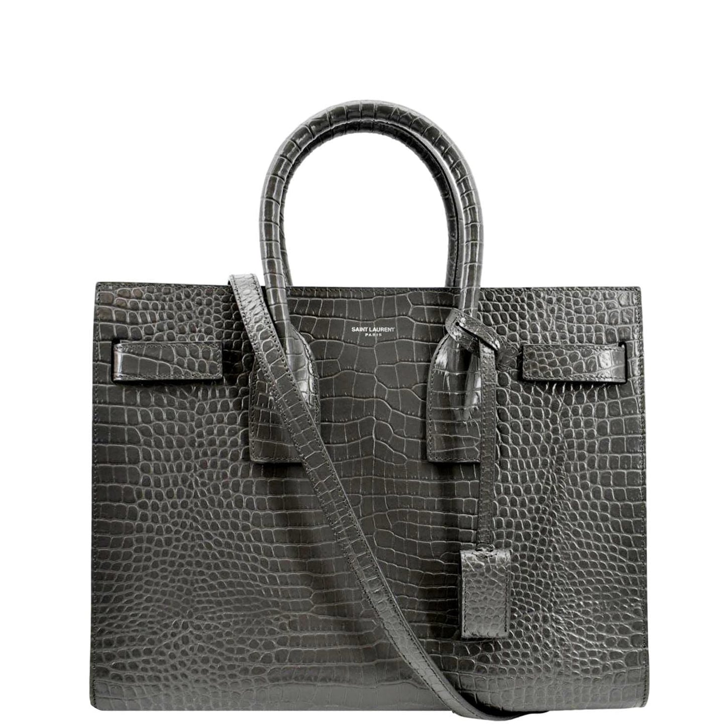 SAINT LAURENT Sac de Jour Crocodile-Embossed Satchel Bag Grey
