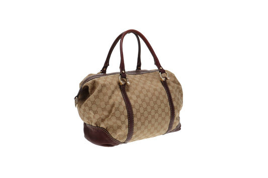 Gucci Horsebit Leather Canvas Boston Bag