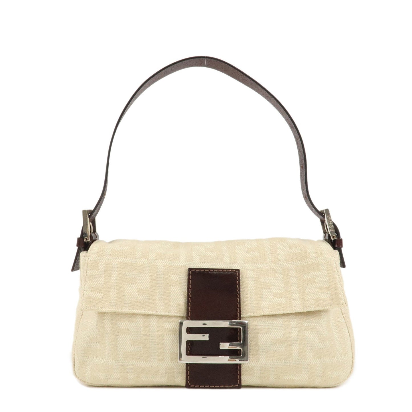 FENDI Mamma Baguette Zucca Canvas Leather Shoulder Bag Beige 26424