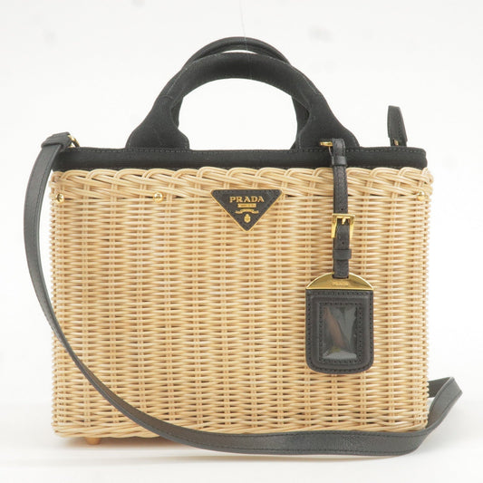 PRADA Wicker Canvas 2Way Basket Bag Hand Bag Black