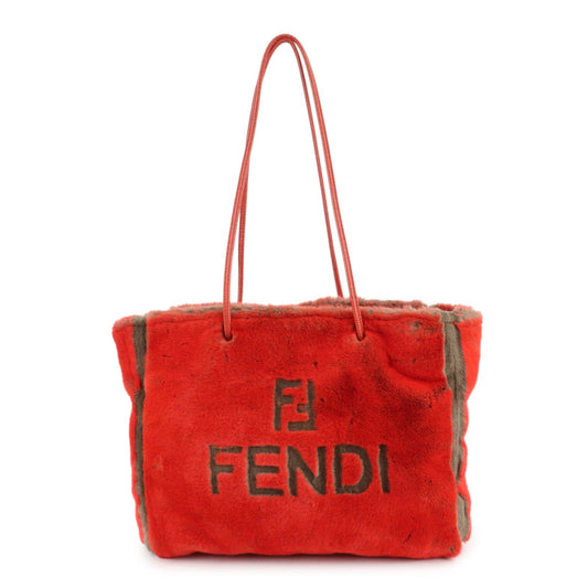 FENDI Leather Fake Fur Shoulder Bag Tote Bag Red