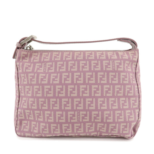Auth FENDI Zucchino Canvas Leather Hand Bag Pouch Purple Beige 8N0005 F/S