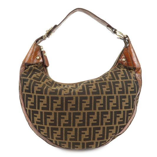 FENDI Zucca Canvas Embossed Leather Shoulder Bag Brown 8BR593