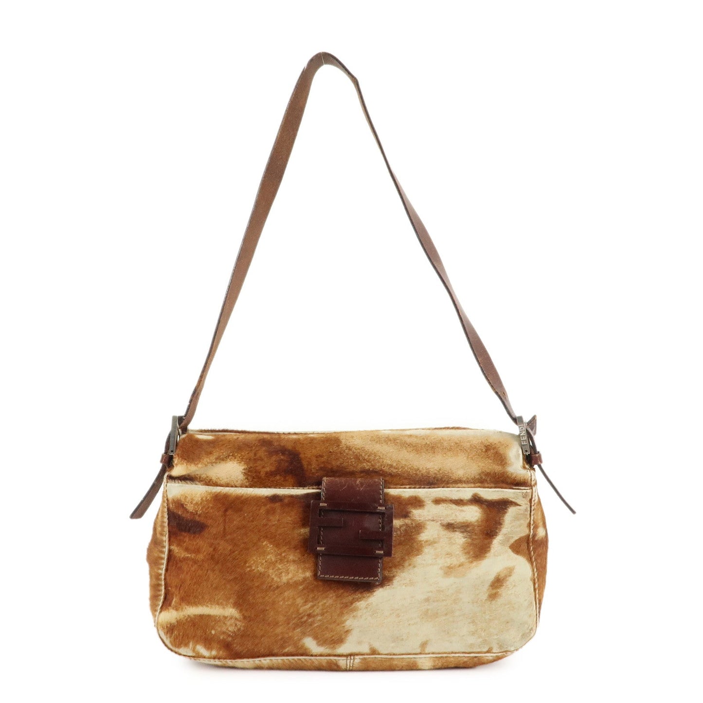 FENDI Unborn Calf Leather Shoulder Bag Brown Beige 26566