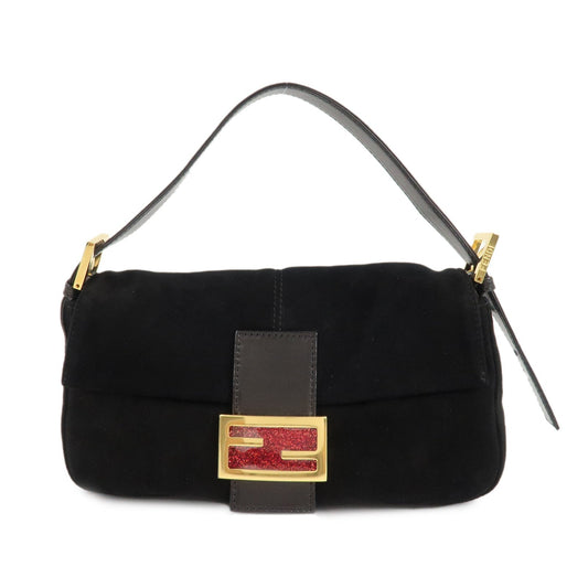 FENDI Mamma Baguette Suede Leather Shoulder Bag Black 26424
