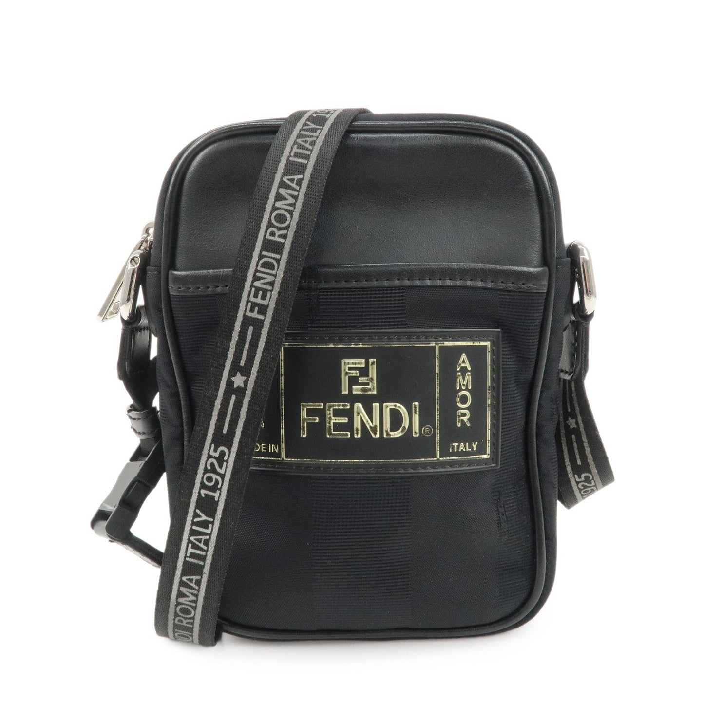 FENDI Pequin Nylon Leather Shoulder Bag Black 7VA456