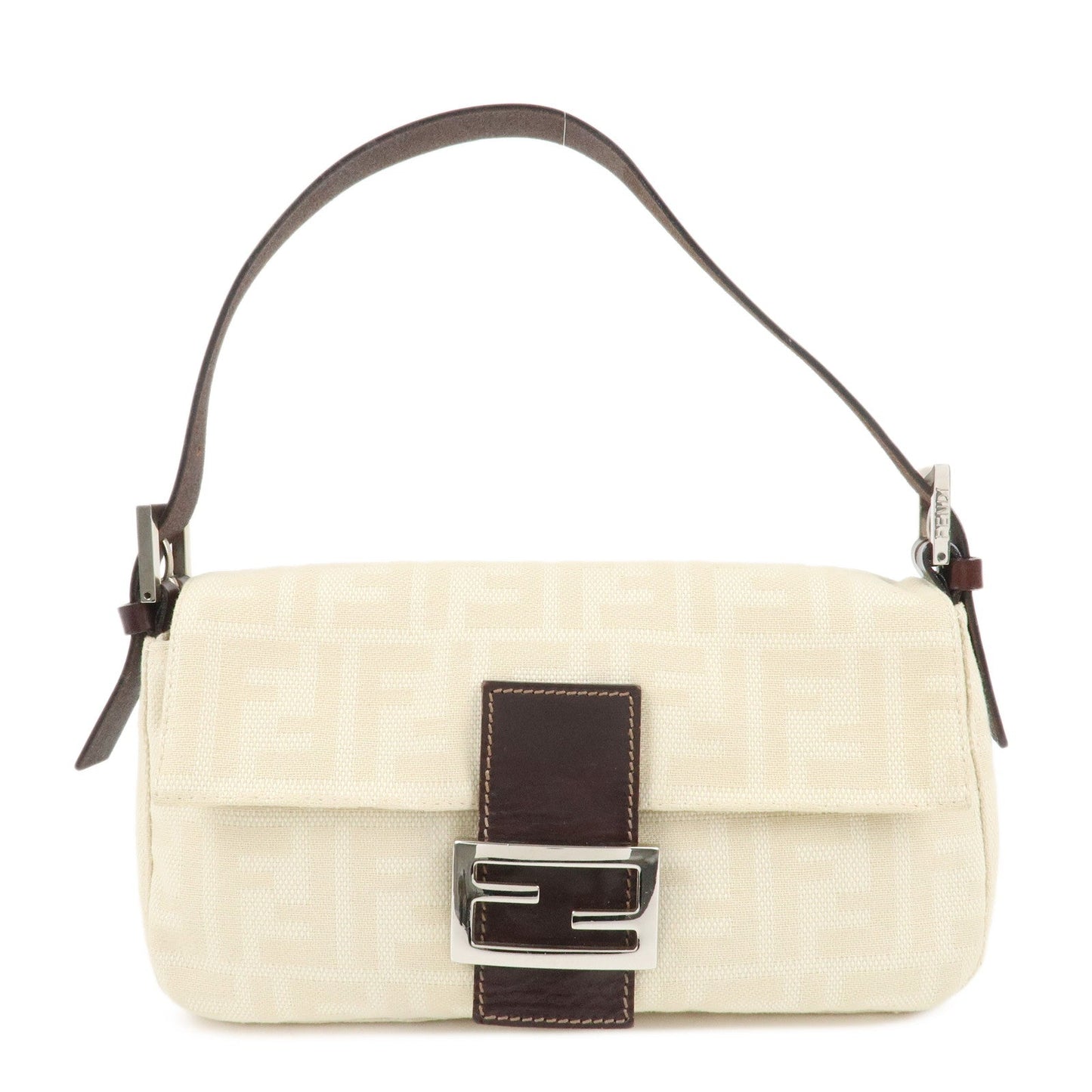 FENDI Mamma Baguette Zucca Canvas Shoulder Bag Beige White 26424