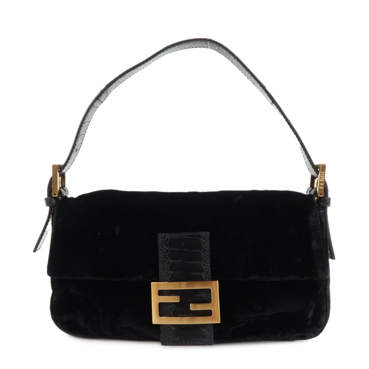 FENDI Mamma Baguette Polyester Leather Shoulder Bag Black 8BR000