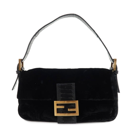FENDI Mamma Baguette Polyester Leather Shoulder Bag Black 8BR000