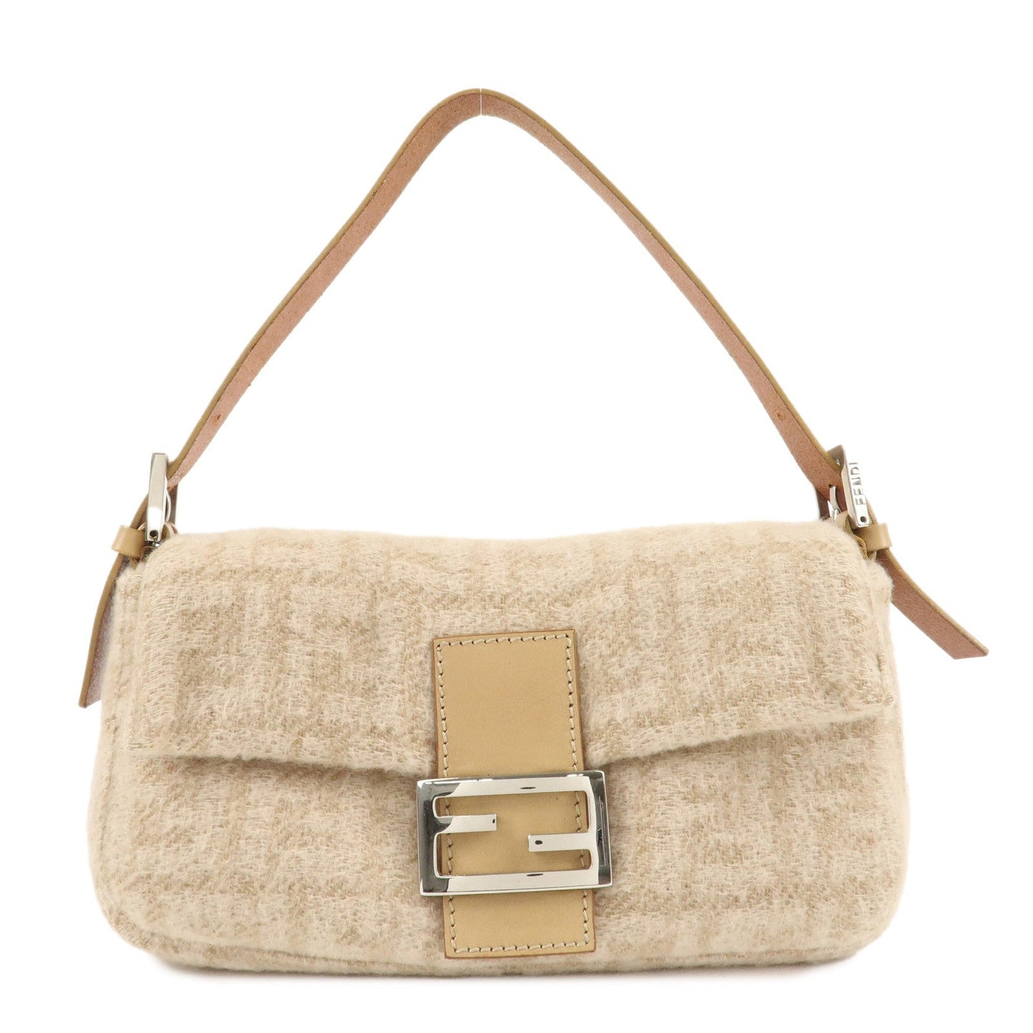 FENDI Mamma Baguette Zucca Wool Leather Shoulder Bag Beige 26424