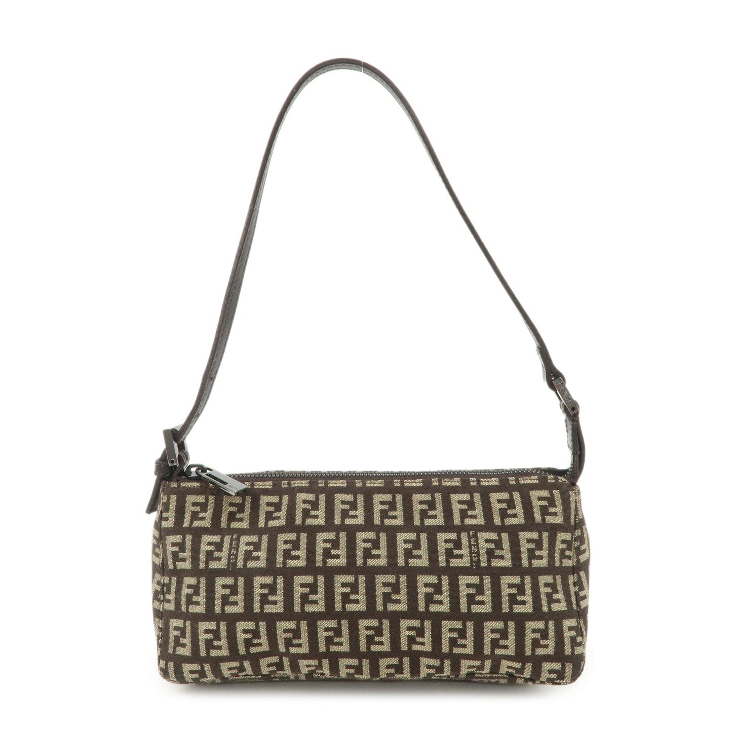 FENDI Zucchino Canvas Leather Shoulder Bag Dark Brown 8BR249