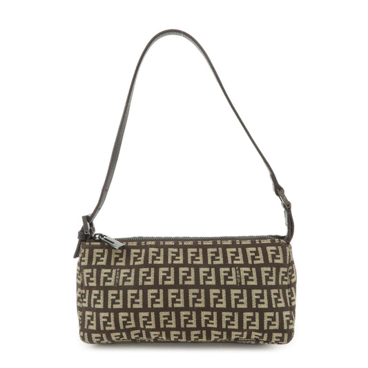 FENDI Zucchino Canvas Leather Shoulder Bag Dark Brown 8BR249