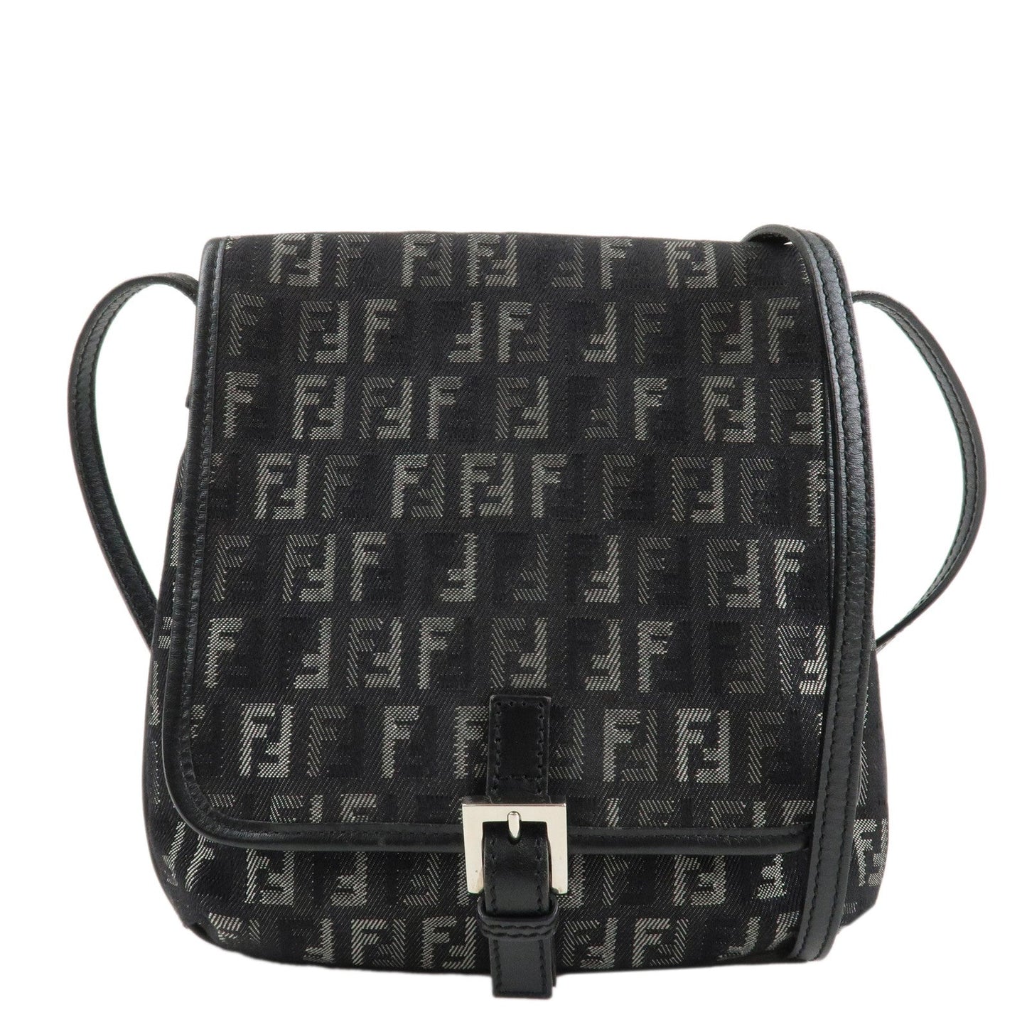 FENDI Zucchino Canvas Leather Shoulder Bag Brown Black 8BT052