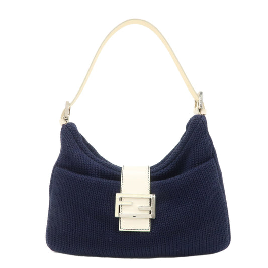 FENDI Wool Leather Shoulder Bag Navy White 26569