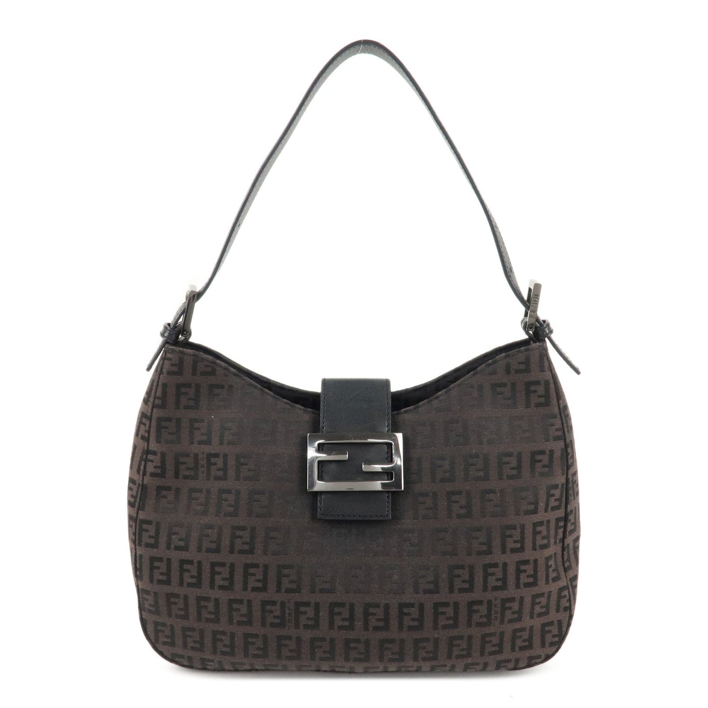 FENDI Zucchino Canvas Leather Shoulder Bag Brown Black 8BR036