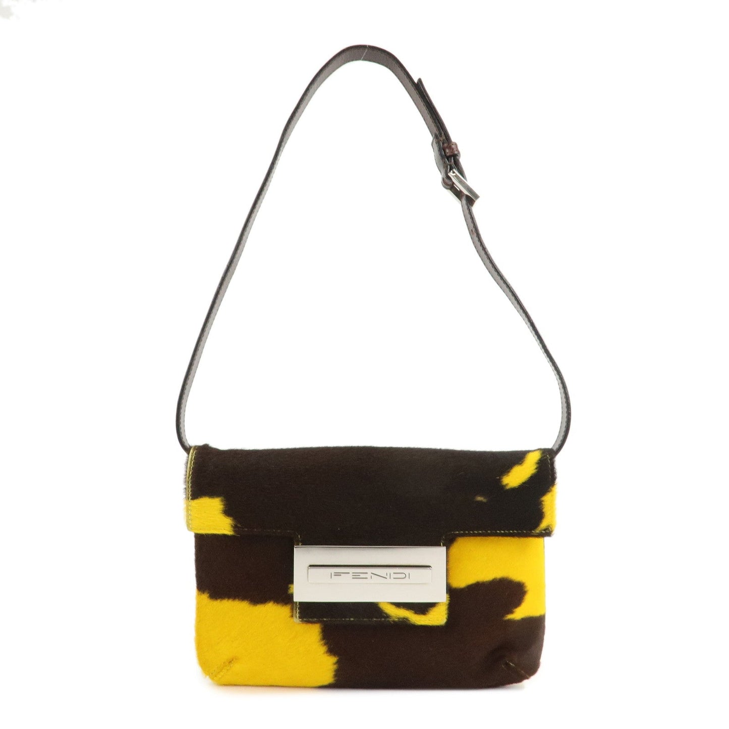 FENDI COW Unborn Calf Leather Shoulder Bag Yellow Brown