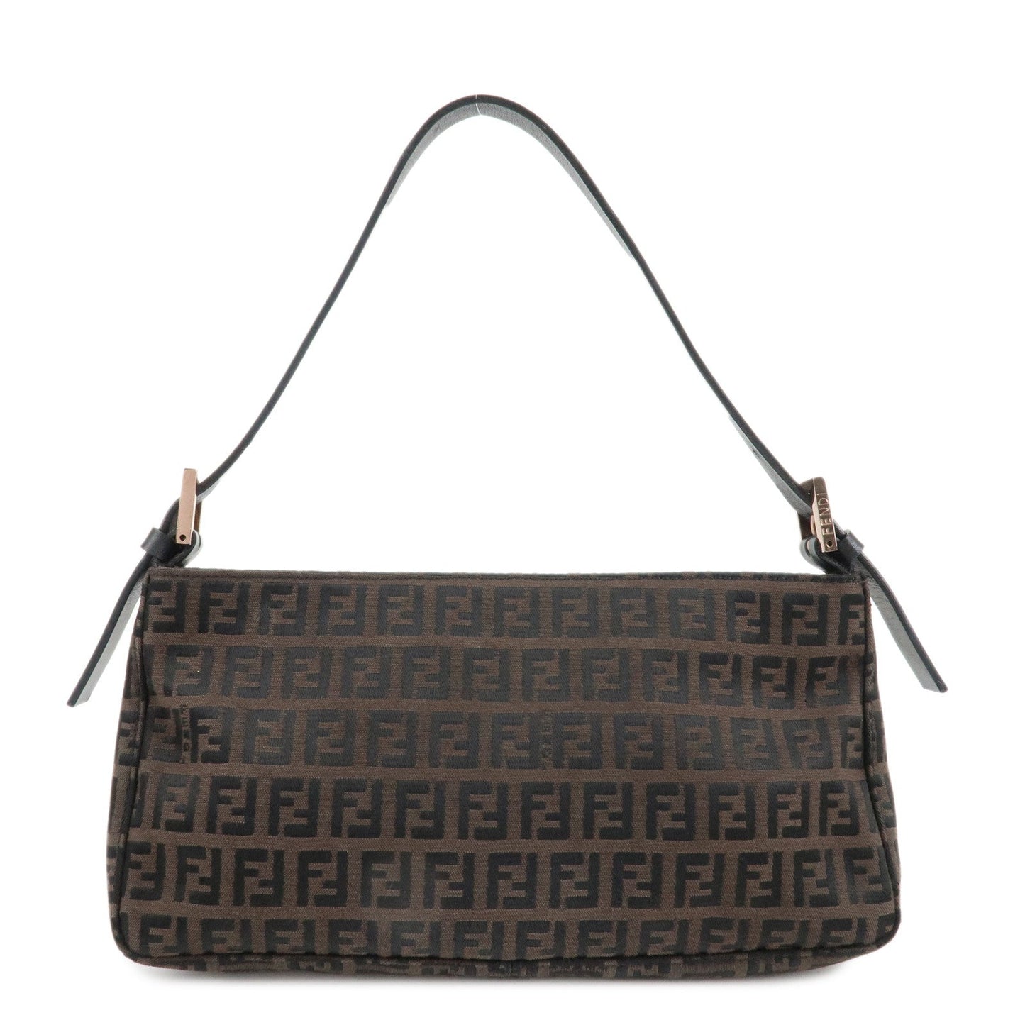 FENDI Zucchino Canvas Leather Shoulder Bag Dark Brown Black 8BR042