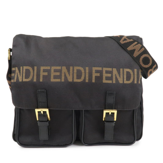 FENDI Nylon Canvas Leather Shoulder Bag Hand Bag Black Brown