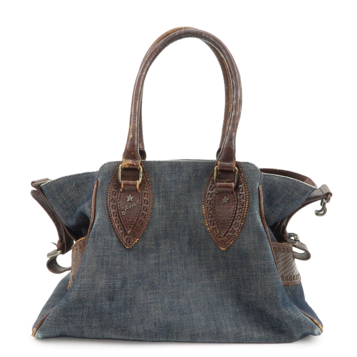 FENDI Ethnico Denim Leather Shoulder Bag Blue Brown 8BN157