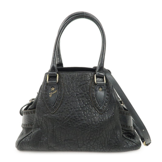 FENDI Ethnico Zucca Canvas Leather Shoulder Bag Black 8BN157