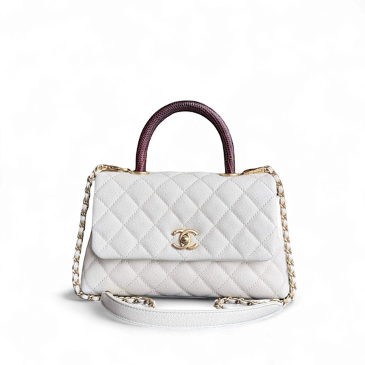 Chanel Coco Handle Small - Caviar Quilted Lizard Handle White Gold Hardward 24