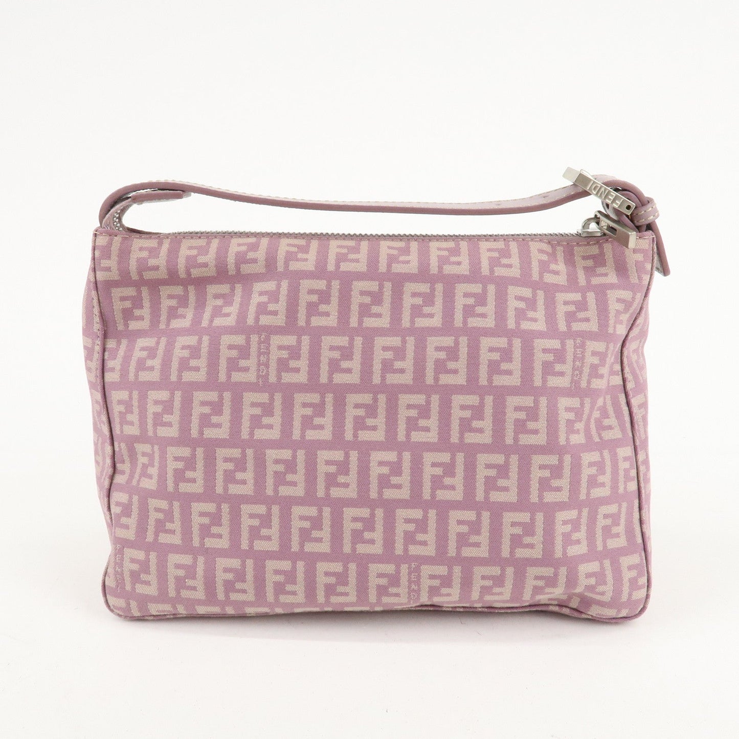 Auth FENDI Zucchino Canvas Leather Hand Bag Pouch Purple Beige 8N0005 F/S