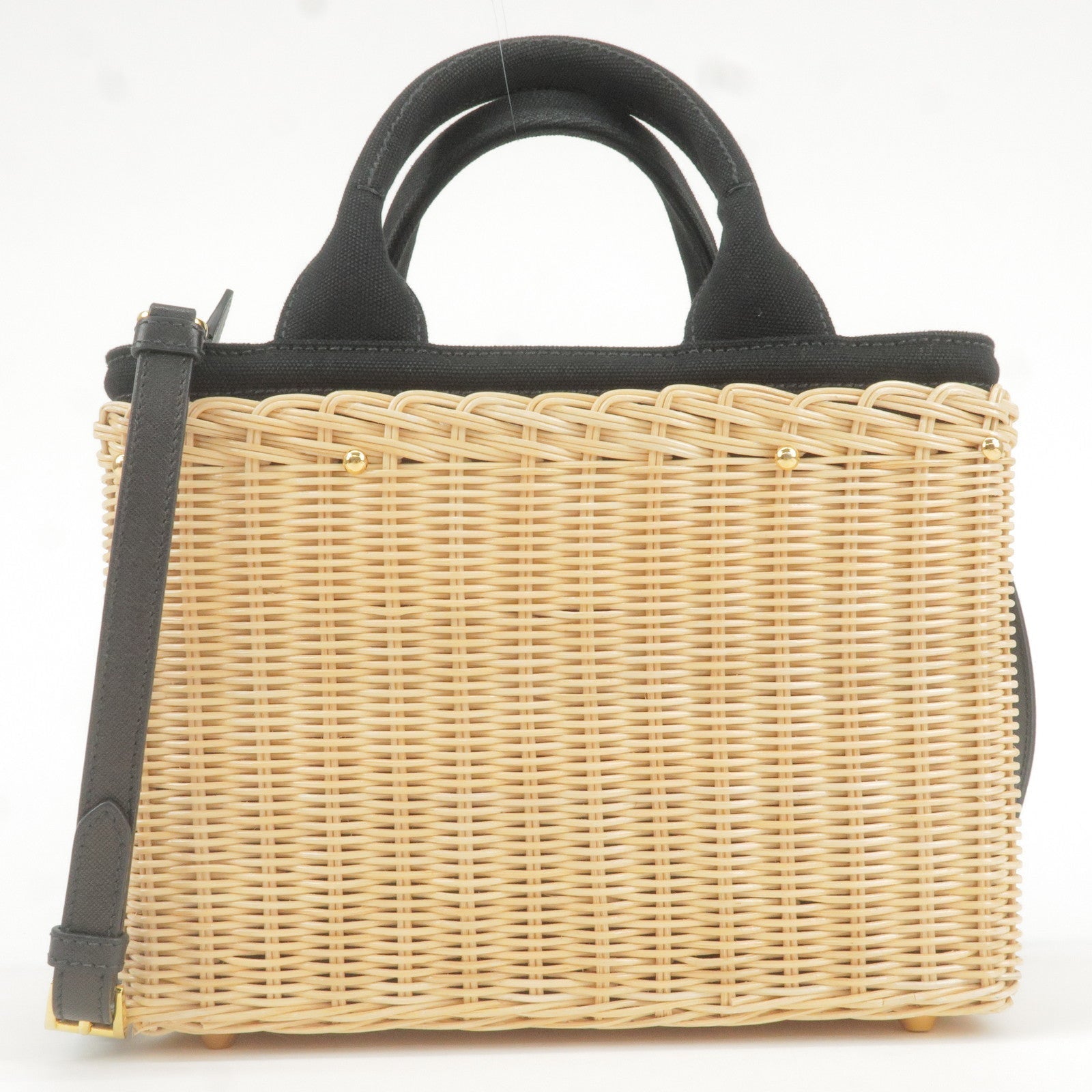 PRADA Wicker Canvas 2Way Basket Bag Hand Bag Black