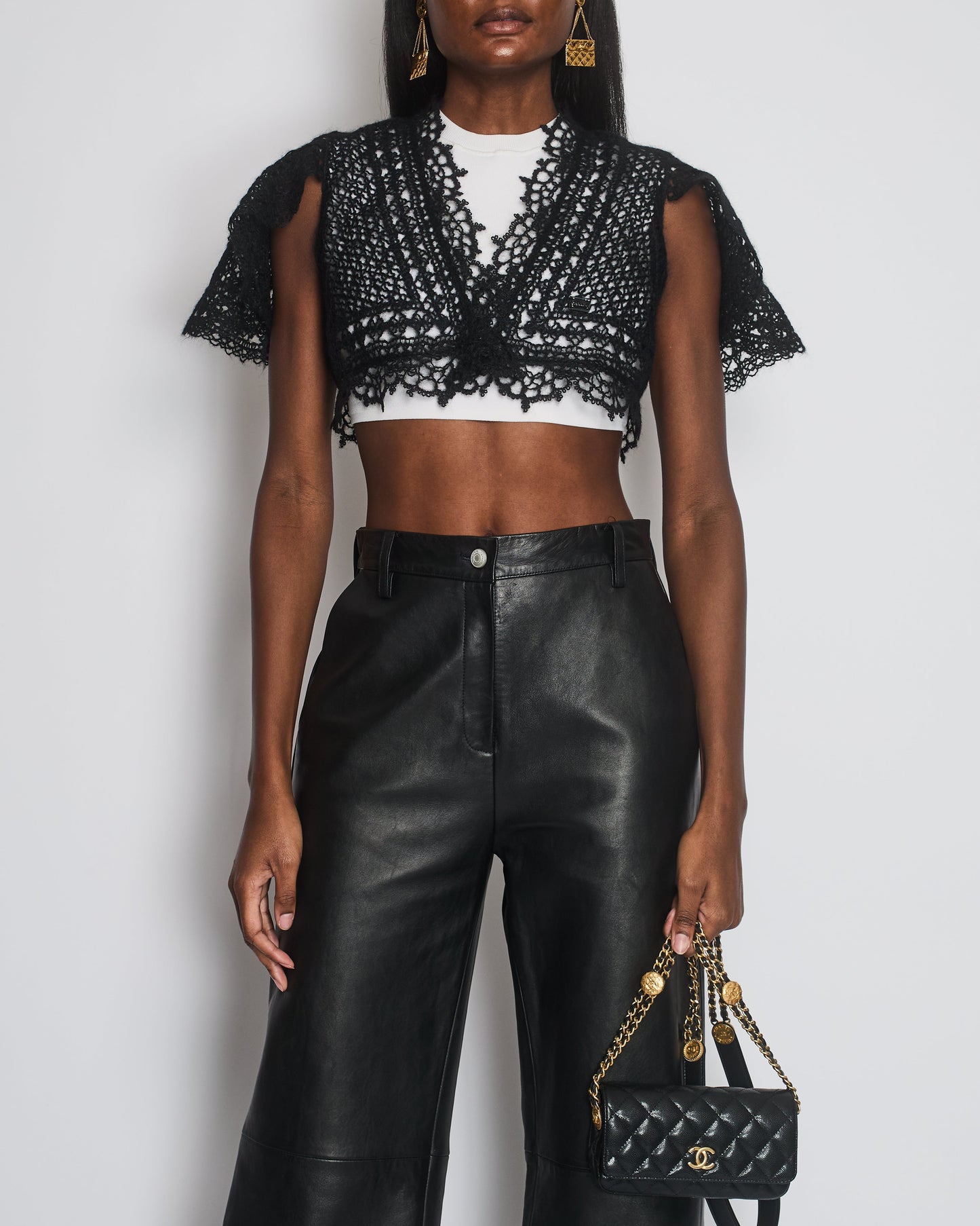Chanel Black Crochet Knit Cardigan with Shoulder Sleeves Detail Size FR 34-36 (UK 6-8) Shoulder Bag