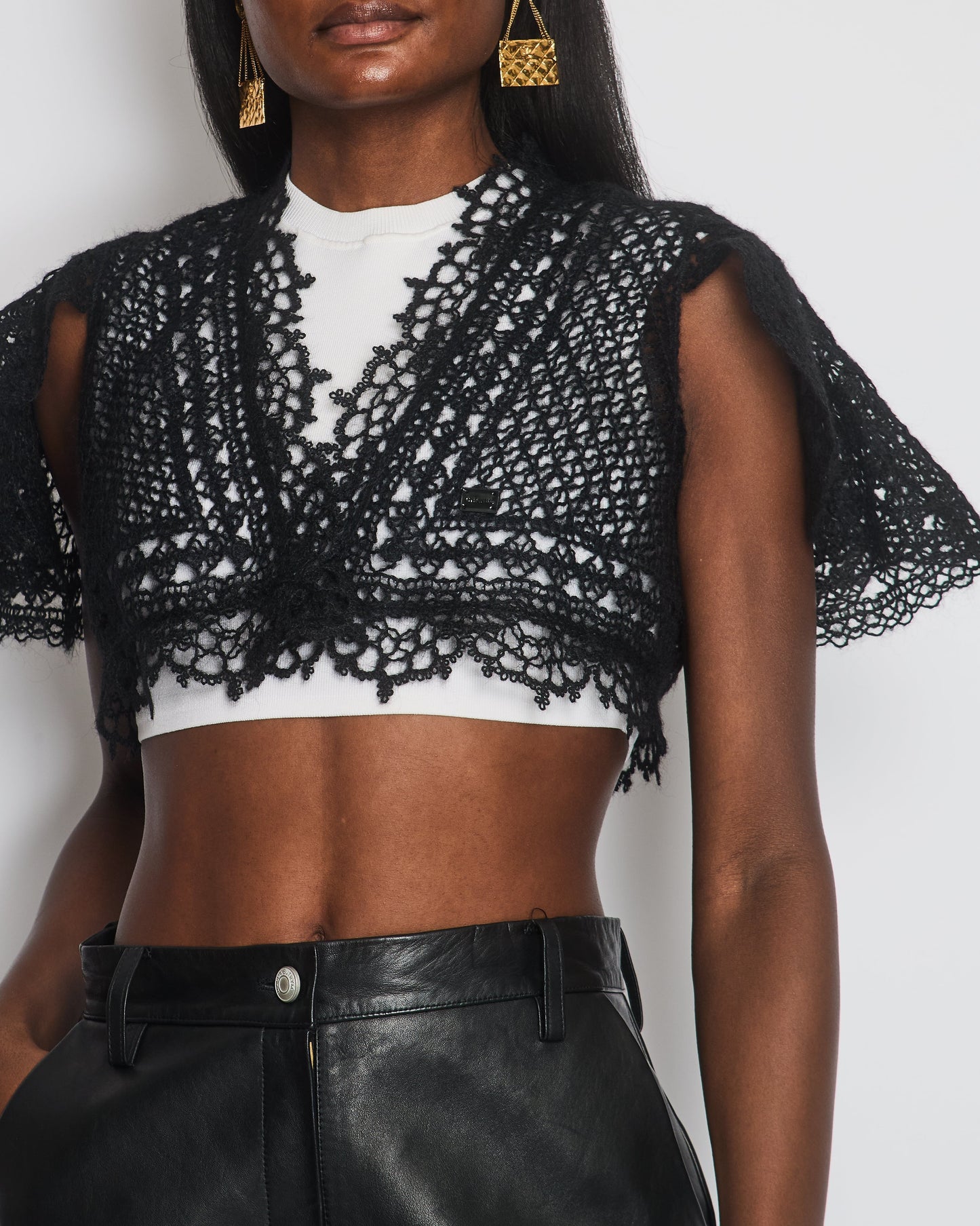Chanel Black Crochet Knit Cardigan with Shoulder Sleeves Detail Size FR 34-36 (UK 6-8) Shoulder Bag