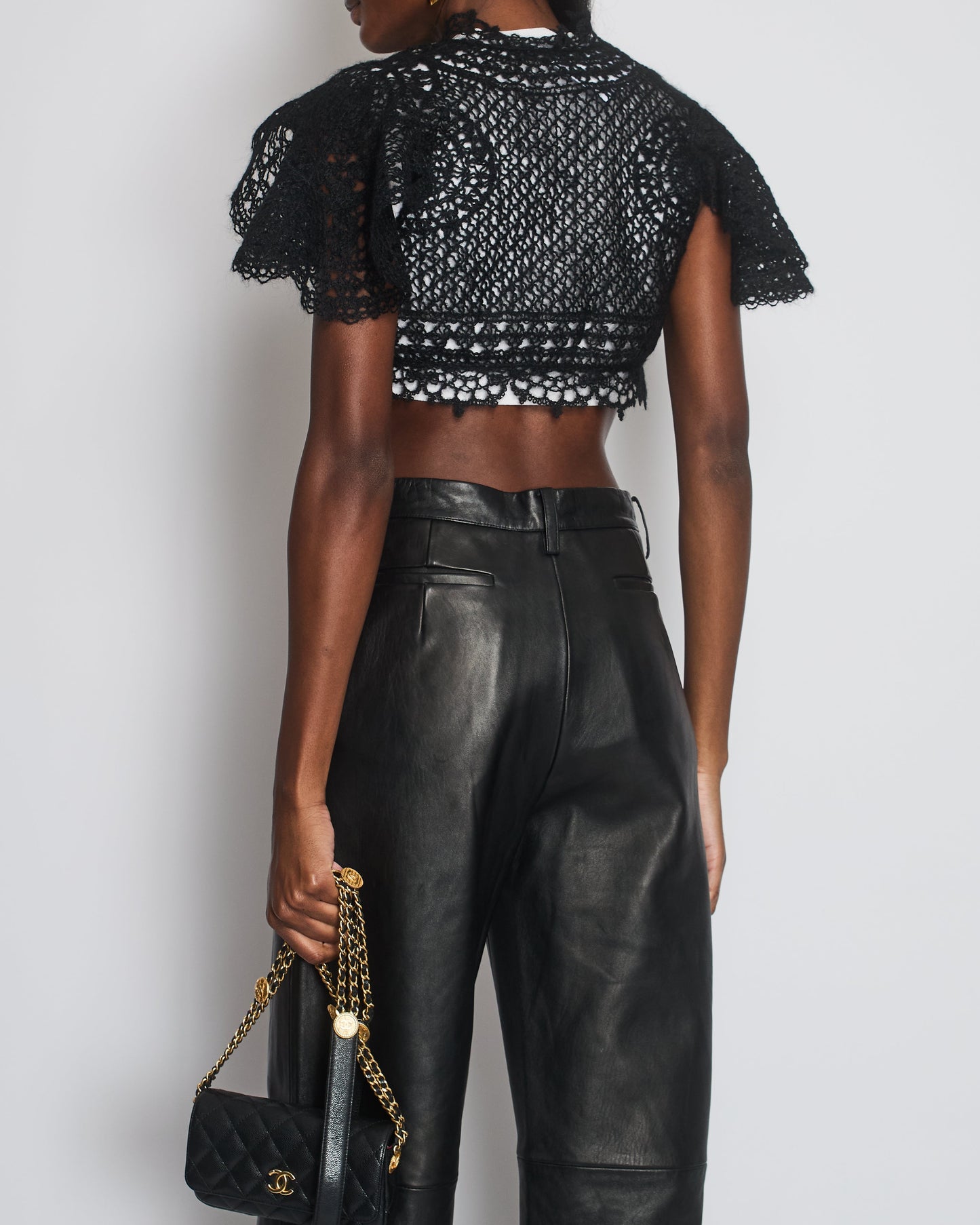 Chanel Black Crochet Knit Cardigan with Shoulder Sleeves Detail Size FR 34-36 (UK 6-8) Shoulder Bag