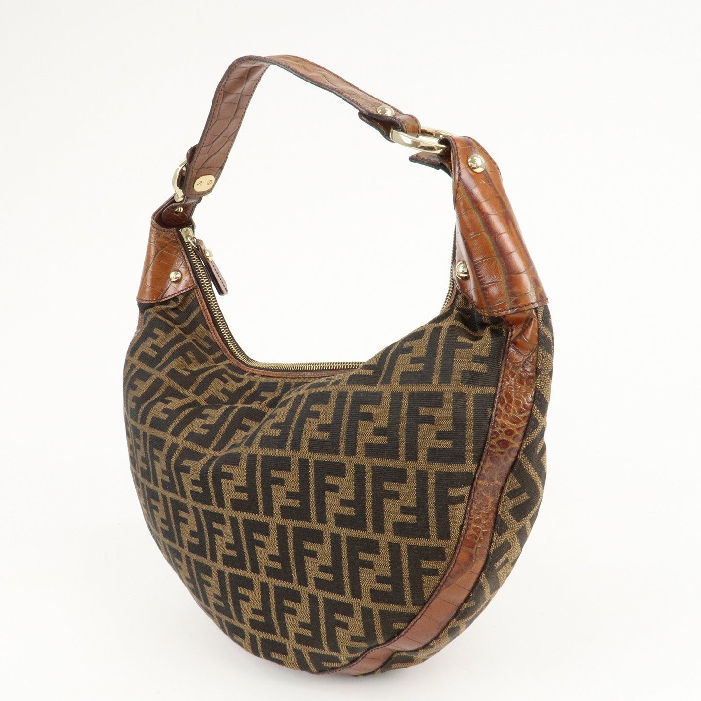 FENDI Zucca Canvas Embossed Leather Shoulder Bag Brown 8BR593
