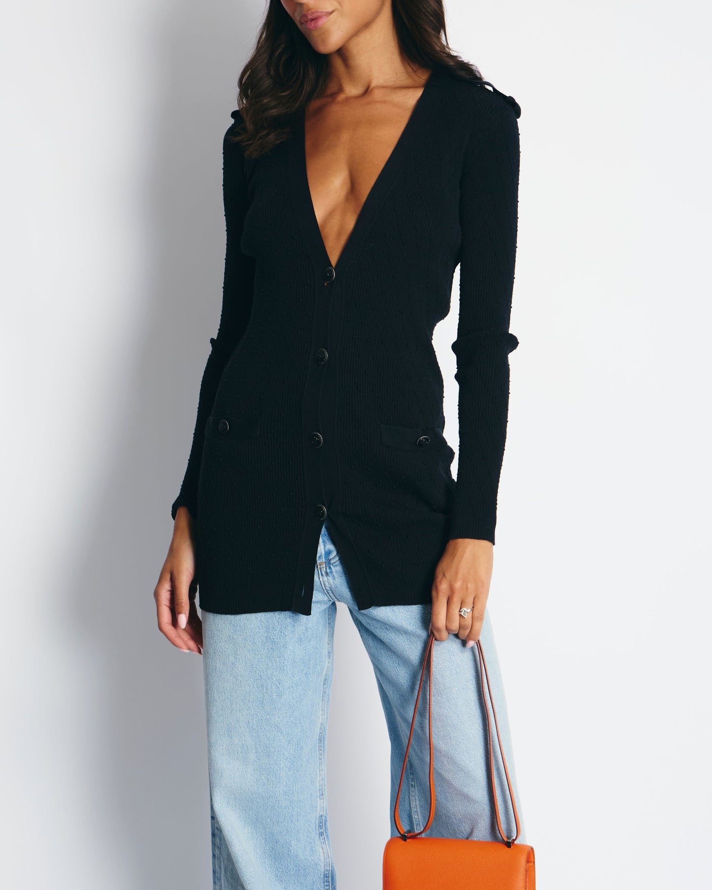 Chanel 16P Black Ribbed Cardigan with Shoulder Button Detail Shoulder Bag