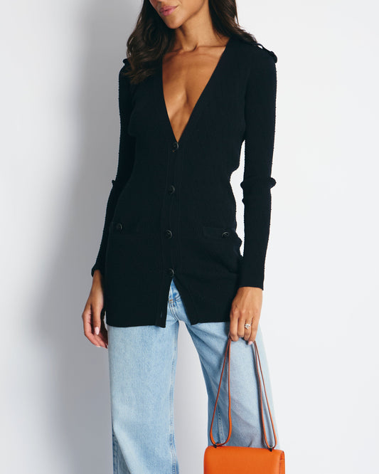 Chanel 16P Black Ribbed Cardigan with Shoulder Button Detail Shoulder Bag