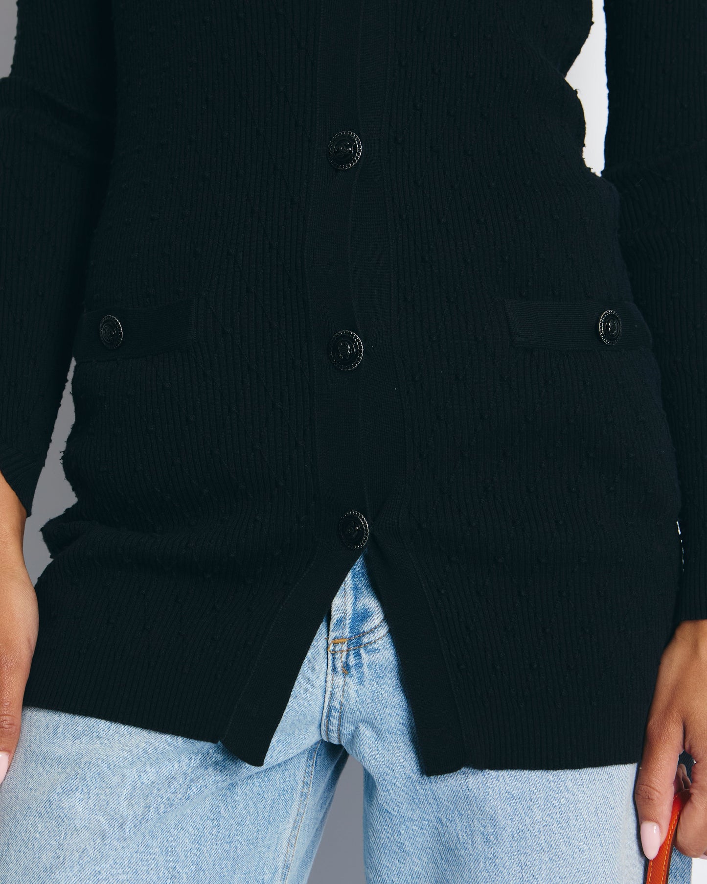 Chanel 16P Black Ribbed Cardigan with Shoulder Button Detail Shoulder Bag