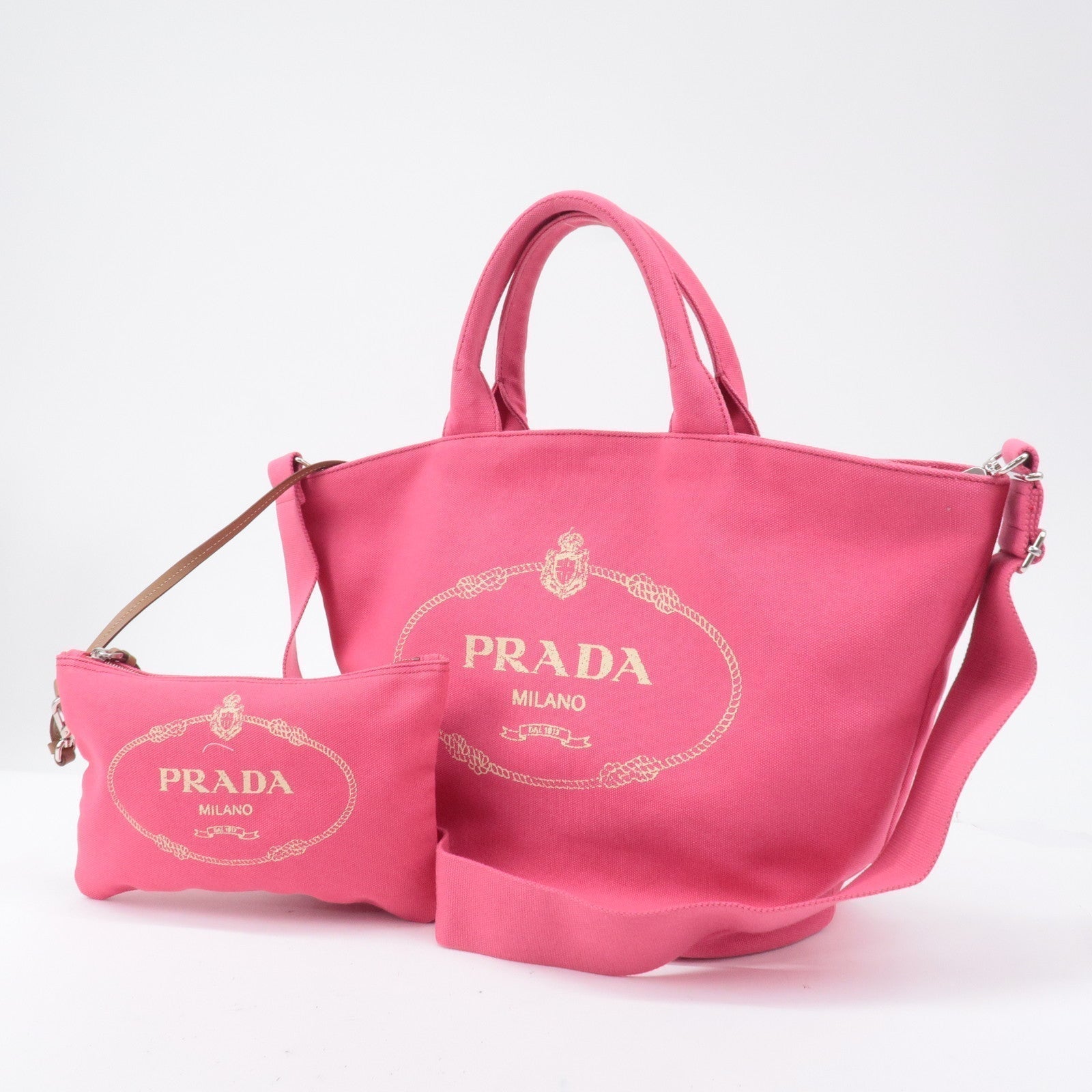 Prada Logo Canapa Canvas Leather Fabric 2Way Bag Pink