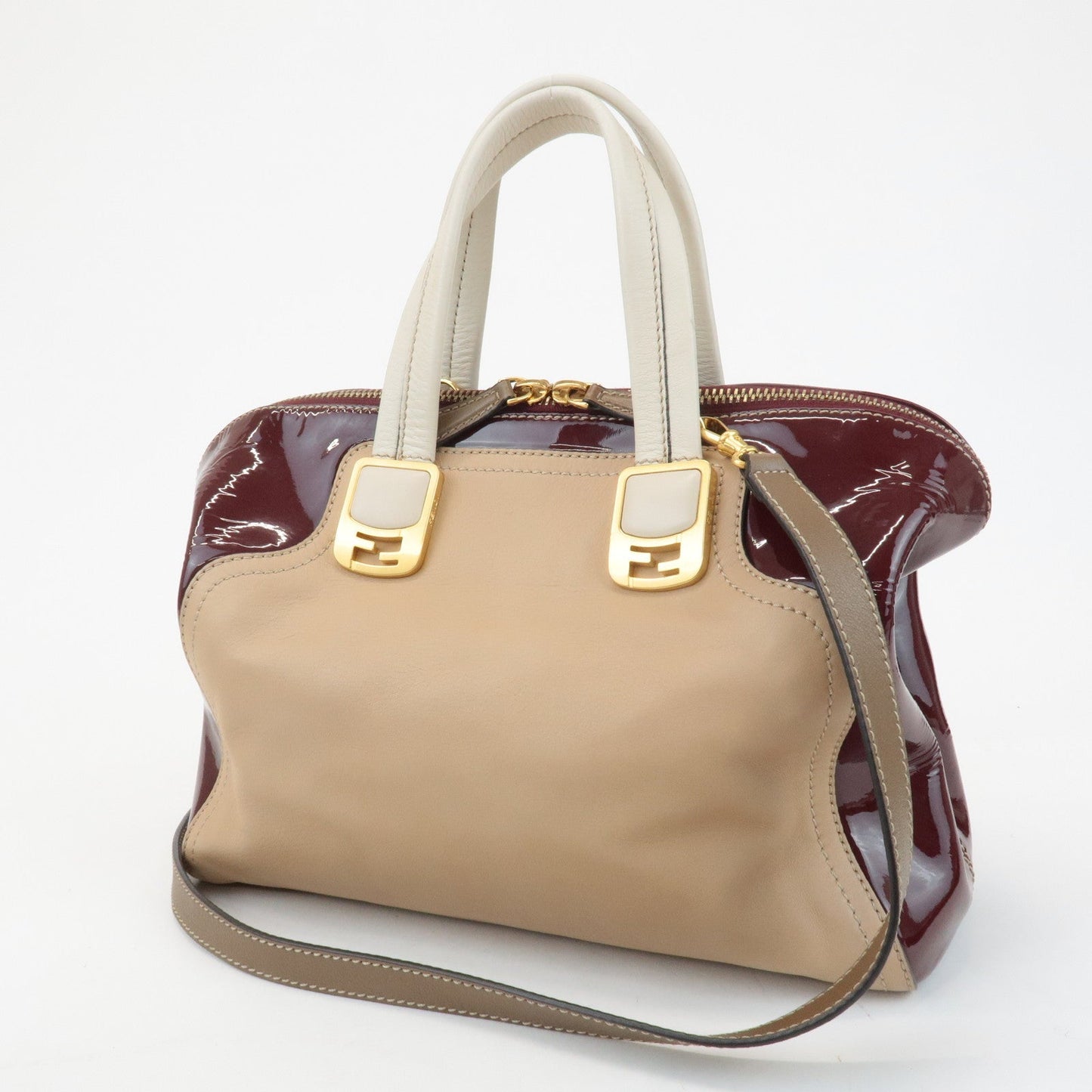 FENDI Chameleon Leather 2WAY Bag Hand Bag Beige Bordeaux 8BL114