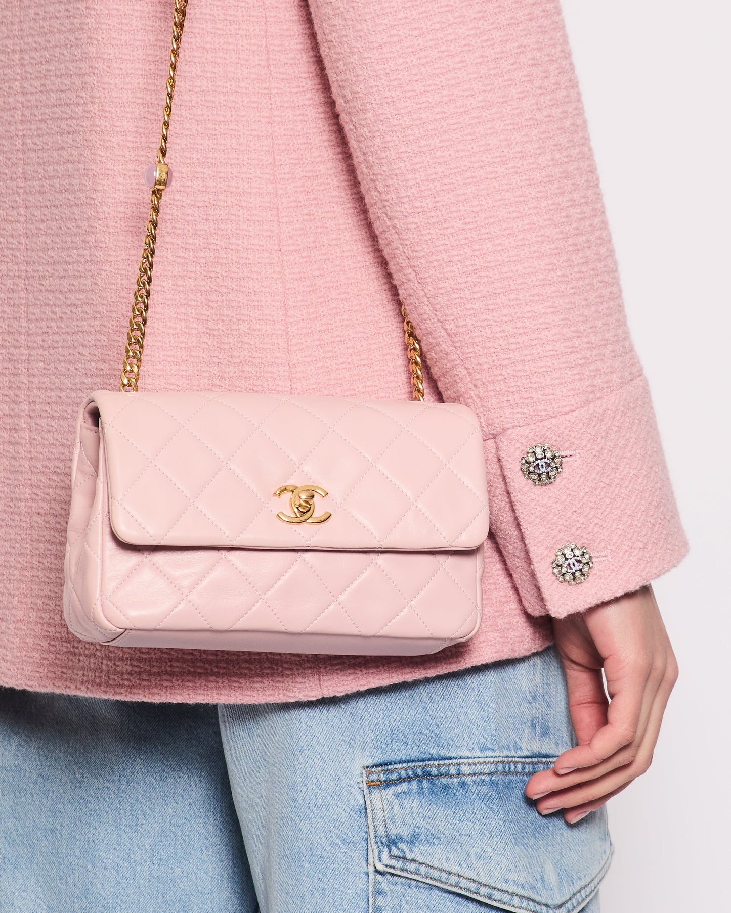 Chanel Baby Pink Mini Flap Bag with Pastel Embellished Chain Detail in Lambskin Leather and Gold Hardware