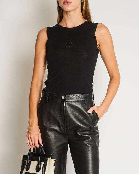 Chanel 95P Black Sleeveless Cotton Top with Stitched Logo and Gold Logo Buttons on the Shoulder Size FR 36 (UK 8) Shoulder Bag
