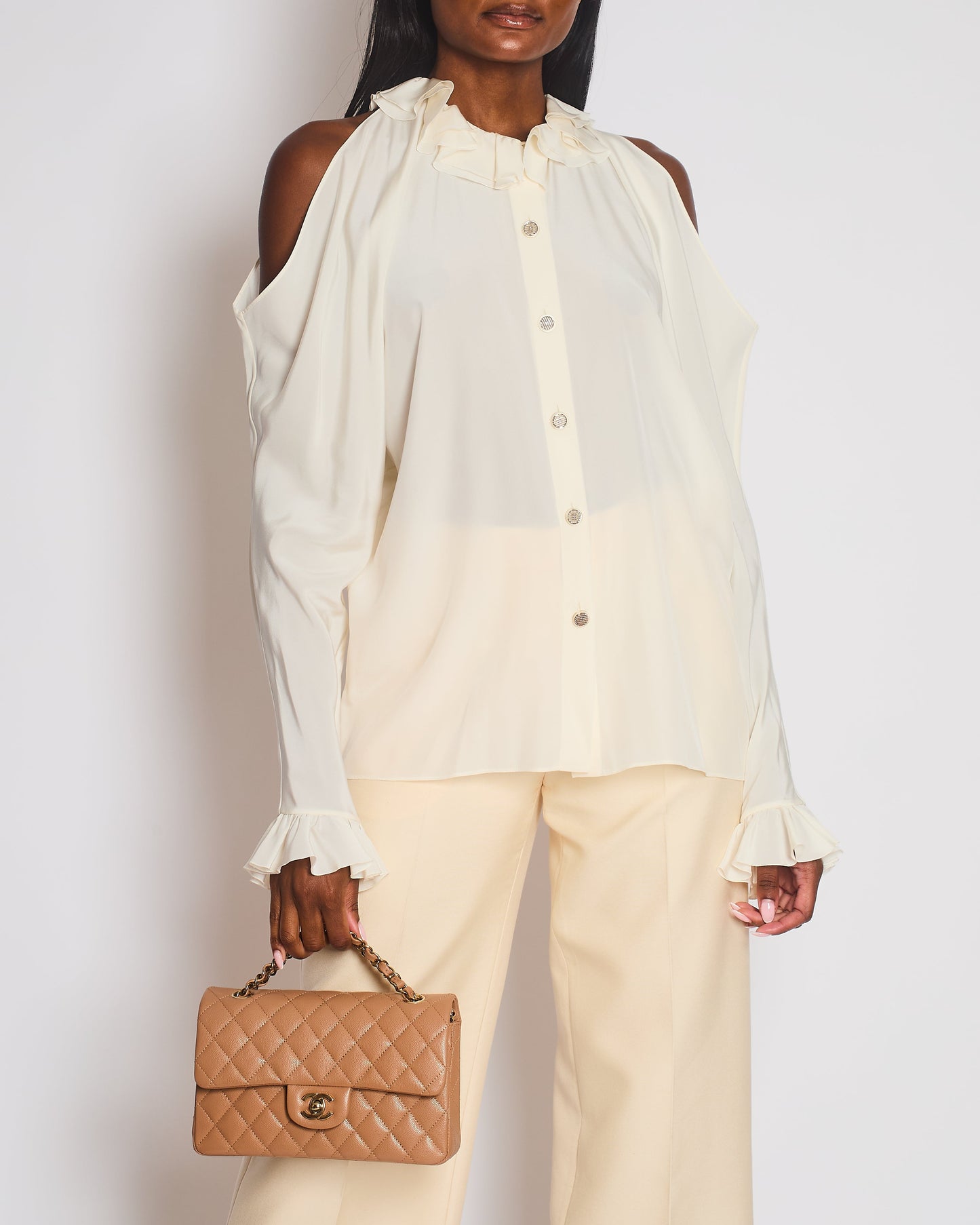 Chanel Cream Button Down Blouse with Cut Out Shoulder Detail Size FR 38 (UK 10) Shoulder Bag