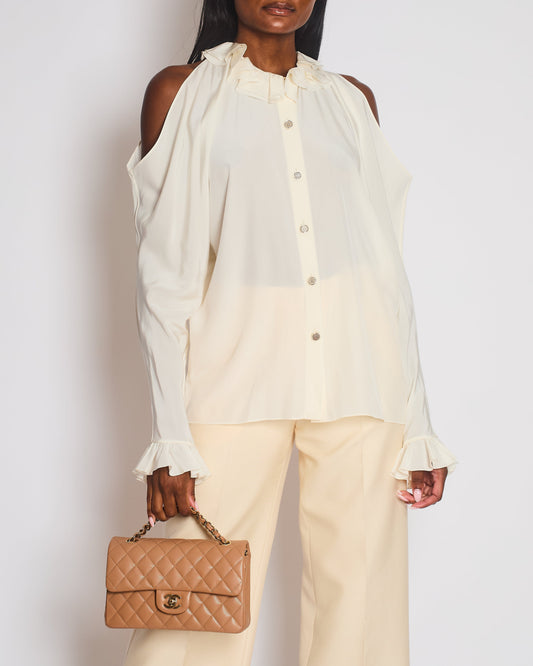 Chanel Cream Button Down Blouse with Cut Out Shoulder Detail Size FR 38 (UK 10) Shoulder Bag